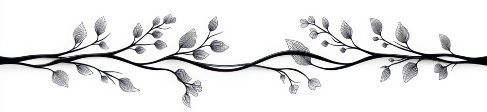 serene elegant monochrome horizontal vine with twisting branches, delicate leaves and small buds as an ornamental botanical border and decorative nature-inspired divider