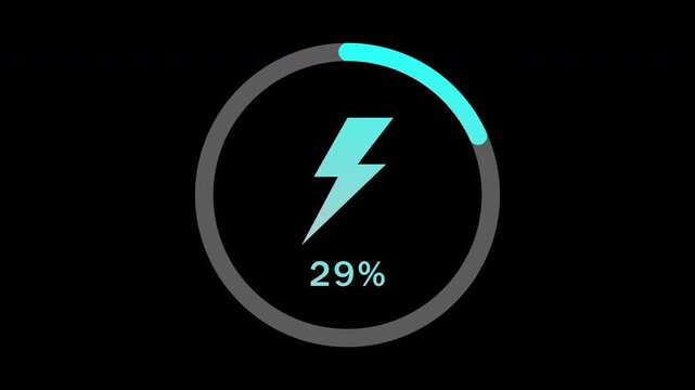 Circle battery charging gradient blue and white color with thunder isolated icon looping animation with percentage from 0% to 100%, wireless energy charging information on transparent background