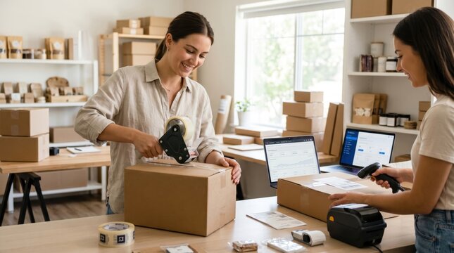 Small business women packaging orders with laptops and barcode scanners, e-commerce fulfillment, home-based entrepreneurship, shipping logistics, customer satisfaction, online r...
