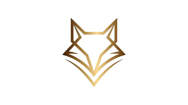 Gold geometric line art fox head on white.
