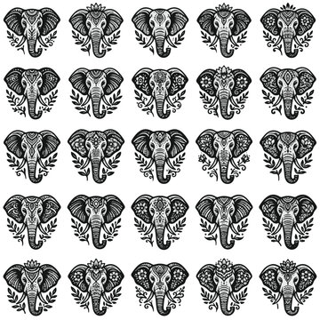 Tribal Elephant Head Graphics Collection with Floral Elements