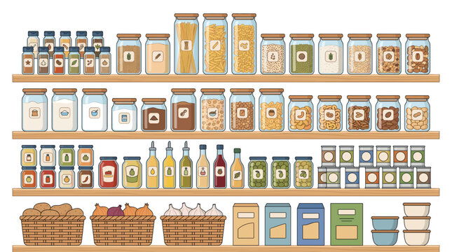 Vector illustration of a well-stocked pantry with shelves full of jars and baskets of food