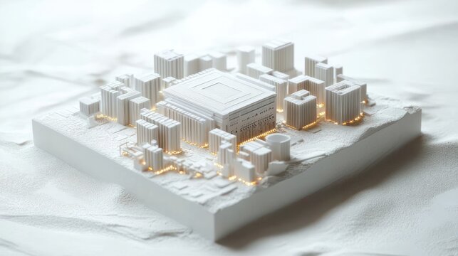 white miniature city block architectural model with central square building, surrounding smaller structures and warm glowing street lights on a raised textured platform, minimal serene futuristic feel