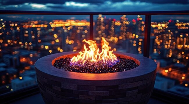 Warm stone fire pit with dancing flames and glass stones on a high-rise balcony overlooking a blurred city skyline at night, cozy and romantic atmosphere