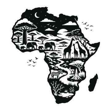 Africa Map Silhouette African Wildlife Silhouette Scene Safari Animals Landscape