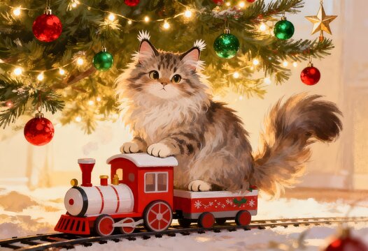 Norwegian forest cat sitting on vintage toy train under christmas tree with lights, norwegian