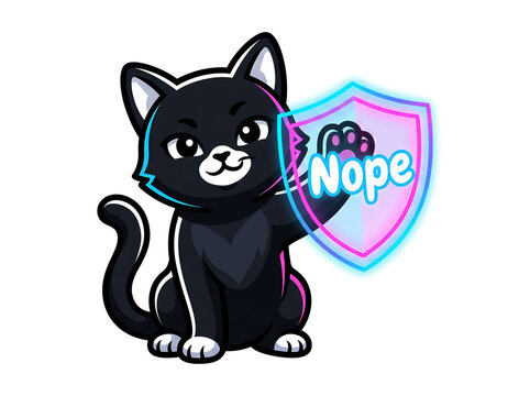 Black cat character holding neon pink and blue shield with text nope vector illustration of security and refusal mascot isolated on white background with sassy expression and protective gesture.