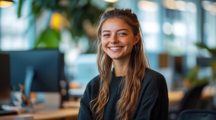 Obraz premium Young woman with long hair in a dark sweater seated in a modern open-plan office with computer monitors and plants, looking contemplative and calm