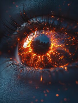 extreme close-up of a human eye with a glowing molten lava iris, crackling orange lightning veins, embers and sparks, dark forest reflection, dramatic mesmerized gaze