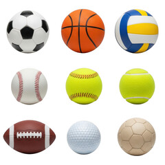 Obraz premium Collection of various sport balls including soccer basketball and tennis balls isolated on transparent background