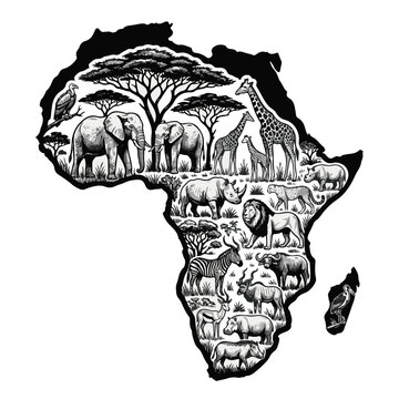 African Continent Wildlife Silhouette Illustration in Black and White