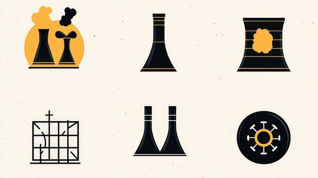 Six minimalist industrial icons showing single and paired cooling towers, smokestack, pollution clouds, barred grid and circular contamination emblem conveying environmental concern