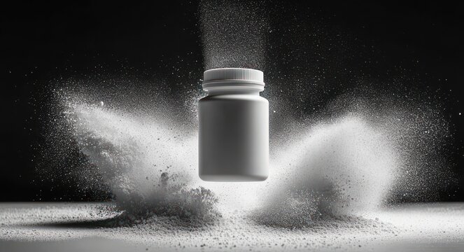 floating white plastic bottle suspended in an explosive cloud of powder and dust, dramatic dynamic motion on a black background