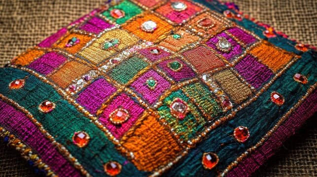 vibrant ornate embroidered patchwork cushion with sequins and glass beads on burlap, joyful festive handcrafted textile detail