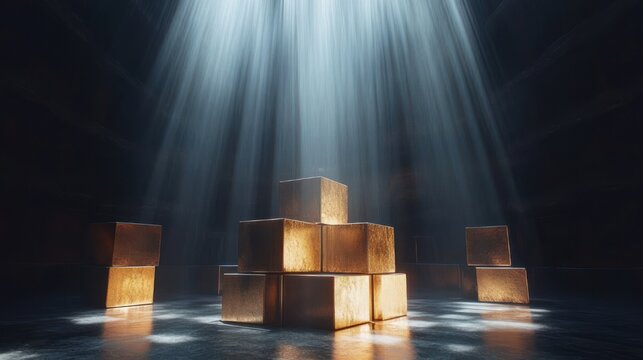stacked glowing golden cubes bathed in dramatic shafts of light in a dark reflective space evoking mystery and awe