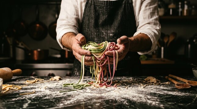 Freshly made colorful pasta held in chef's hands italian cuisine