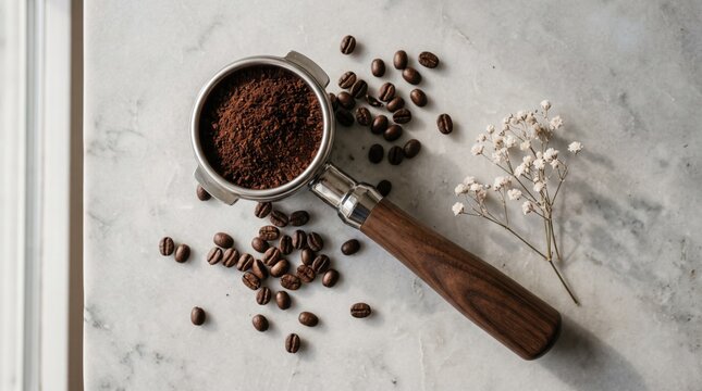 Espresso preparation ground coffee in portafilter with roasted beans and floral accent