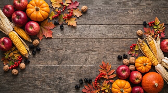 Autumn harvest still life pumpkins apples corn and fall foliage arrangement