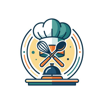 Culinary Icon: A stylized chef's hat and crossed utensils, a whisk and a spoon, rest above a restaurant service bell, symbolizing culinary arts and hospitality.