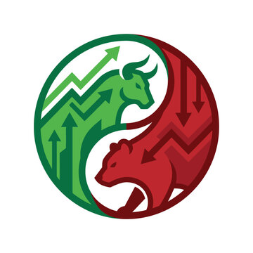 Bull and Bear Market Yin Yang Symbol: A stylized yin yang symbol representing the volatile stock market, with a green bull signifying upward trends and a red bear symbolizing downward movements.