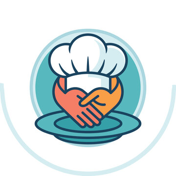 Chef's Handshake Hospitality: An iconic representation of culinary collaboration and hospitality, featuring a chef's hat cradled by a heart formed by two shaking hands, resting upon a dinner plate.