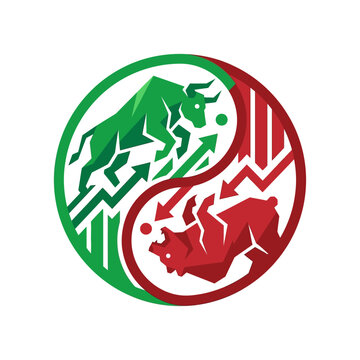 Bull and Bear Market Yin Yang: A stylized yin yang symbol depicts the contrasting forces of the bull and bear market in finance.