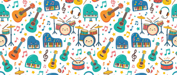 Cute Musical Instruments Pattern with Notes and Stars © reres