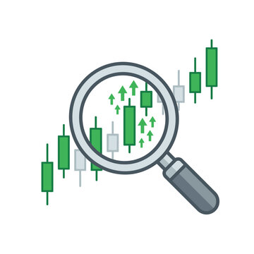 Stock Market Analysis: A magnifying glass focuses on a candlestick chart, revealing upward trends and stock growth, symbolizing investment and financial analysis.