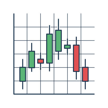 Candlestick Chart Analysis: A simplified illustration of a candlestick chart, displaying fluctuating stock market trends with red and green indicators against a grid background.