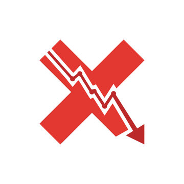 Red Cross Mark with Downward Trend Graph: A bold red cross symbol superimposed with a jagged line graph indicating a sharp decline and a downward arrow, symbolizing failure, loss, or a negative trend.