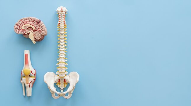 Anatomical models of brain spine and pelvis on light blue background