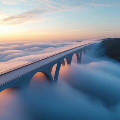 Fototapeta premium Serene long arched bridge stretching across a mist-filled valley at sunrise with pastel sky and rolling clouds