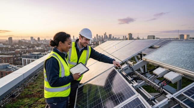 Engineers inspecting solar panel installation on building roof at sunset, renewable energy project, construction site safety, photovoltaic system maintenance, green energy infra...