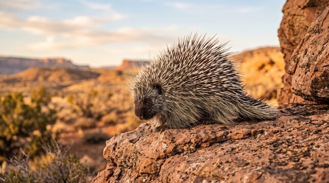 Desert porcupine on rocky ledge with canyon landscape in the background