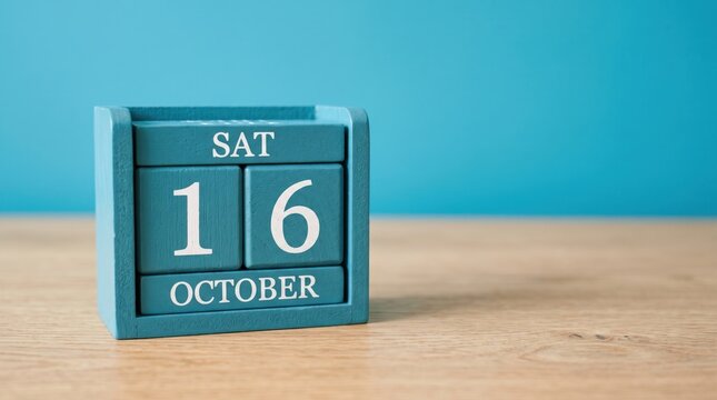 October 16th wooden calendar saturday date display on light wood surface