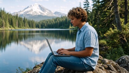 Obraz premium Freelancer working remotely on a laptop by a serene lake surrounded by lush forest and mountains.