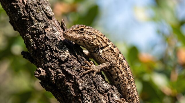 Eastern fence lizard perched on tree branch in natural sunlight