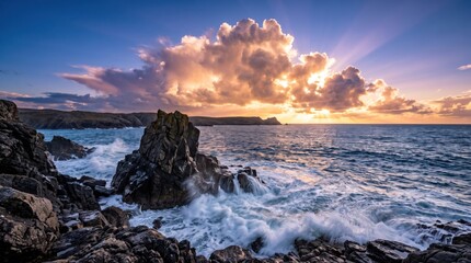 Obraz premium Dramatic coastal sunset waves crashing against rocky cliffs at golden hour