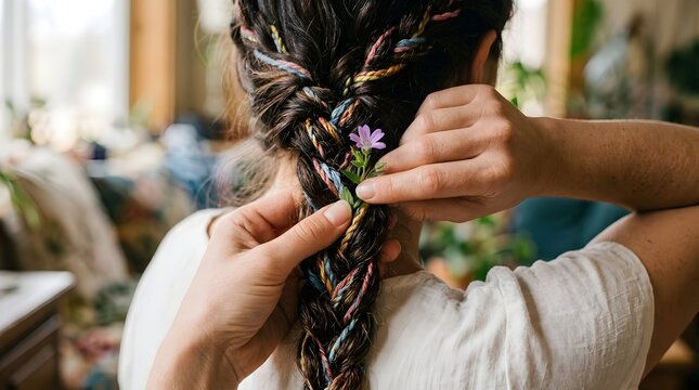 Woman braiding dark hair and adding a small purple flower.