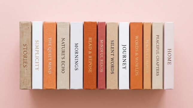 Stack of books with inspirational titles on a soft pink surface