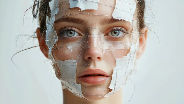 Close-up portrait of a young woman with torn white paper patchwork and visible stitches on her face, soft melancholic expression and piercing blue eyes