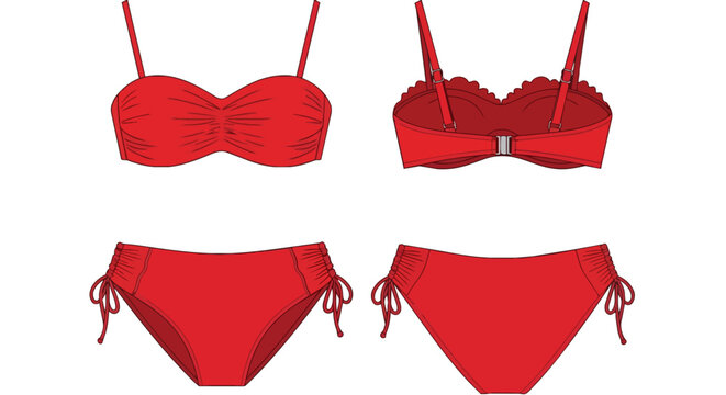 Red Bikini Set Front and Back View Women Swimwear Technical Fashion Illustration for Clothing Design Template