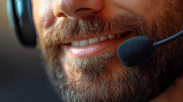 Close-up of smiling bearded person wearing headset and microphone showing teeth and mustache with warm approachable expression
