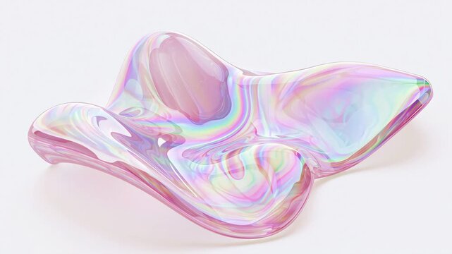 Abstract fluid form with iridescent hues, glossy surface, soft lighting, gentle shadows, vibrant colors, off-white background, three-dimensional feel, modern design, elegant and sophisticated