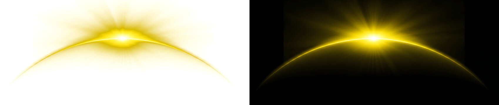 Earth Horizon radiant golden planetary sunrise with glowing atmosphere for epic backgrounds using PNG, Transparent and Black Background Versions