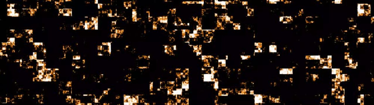 Abstract digital glitch background with flickering orange pixel blocks and distorted signal noise effect.