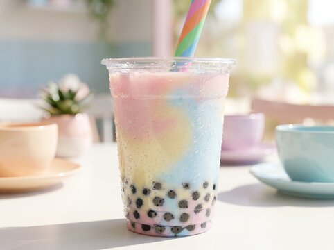 Close-up macro photograph of a large bubble tea drink in a clear cup, dozens of dark tapioca pearls visible through the clear cup wall, a colorful wide straw inserted, vivid pastel colored tea, bright