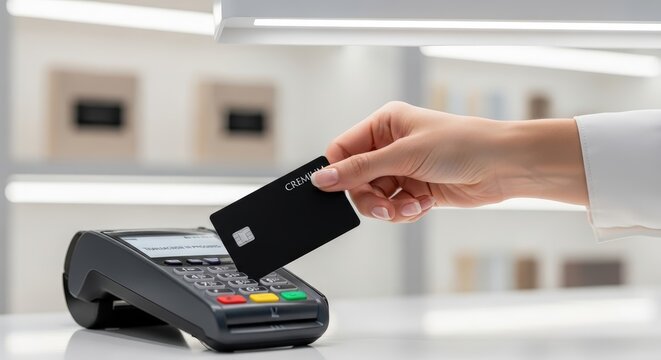 Close-up of a hand making a contactless payment with a black credit card at a point of sale terminal.