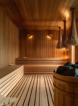 cozy wooden sauna interior with tiered benches, warm wall lights, bucket of hot stones and hanging birch bundles creating a tranquil relaxing mood