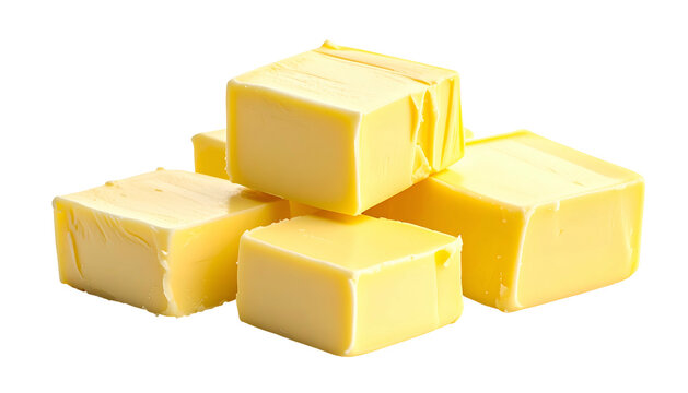 Stacked butter cubes, wrapped in foil, soft yellow color, on black